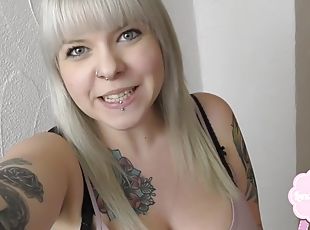 Busty, tattooed german tramp sucks, fucks and swallows a thick load