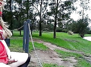 Sissy shemale slut flashing and cumming on a golf course