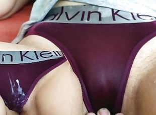 Wetting Calvin Klein panties, thong and cumming on them