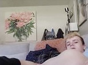 Twink stretches his hole with two big dildos and shoots a load of cum all over himself