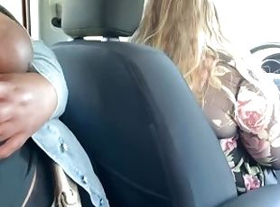 Babygirl black BBW sucks Daddy's cock while wife drives, shows big tits