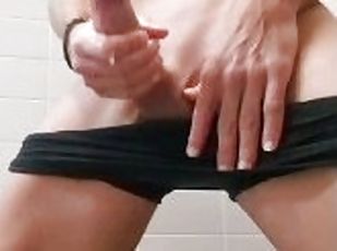 Huge cumshot and Hot masturbation in a public place