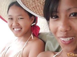 Threesome fun with two cute Filipina amateurs met by the pool