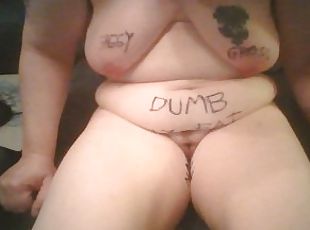 Bitch Humiliating Herself Hardcore with Food in Pussy and Heavy Tit Clamps with Body Writing BDSM