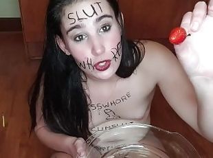 Dirty talking piss whore eats piss covered fruit  degrading body writing
