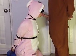 Bunny onesie pajamas blowjob tied up