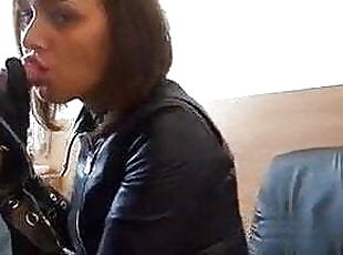 leather babe smoking bj