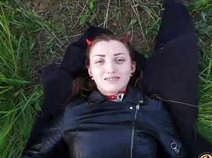 anal fucked cute girl on a motorcycle and cum on face and leather jacket she loves sperm