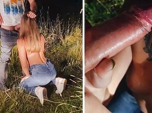 utomhus, publik, amatör, avsugning, cumshot, creampie, slyna, sprut, oral, skog