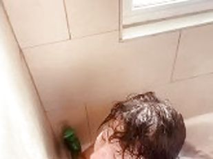 Big booty tattooed milf sucks and fucks her dildo in the shower! Close up POV!