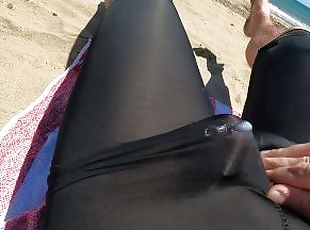 I achieve a spandex orgasm while people walk by looking at my dick