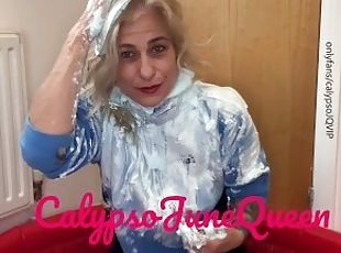 CalypsoJuneQueen hot milf covers her head with 8 shaving cream pies wearing fleece