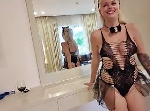 Hot slut in a pussy costume gets fucked in ALL holes. Cum in ass.
