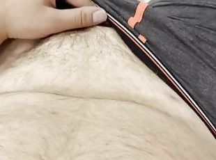 My 4 inch uncut curved hairy tiny cock wanted to come out of my boxers