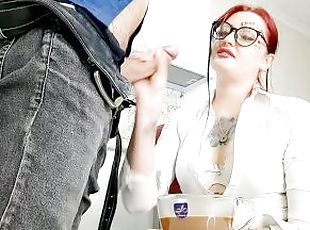 Morning coffee with cum for slave. Dominatrix jerks slave's dick and feeds him sperm.