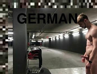 German boy dude public parking garage naked outdoor cum jerk off masturbation small dick dick big muscle athletic young