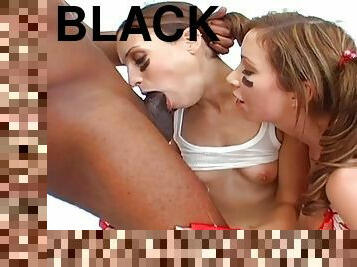 Two slender chicks are banging with black dick