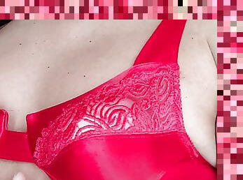Red sating and lace bra