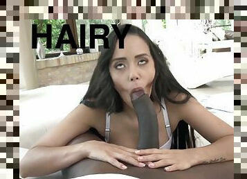 Hairy Brunette Andreina De Luxe - POV interracial blowjob and footjob - fetish