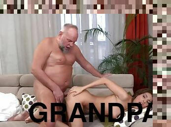 Old grandpa fucks big tits babe in her wet pussy