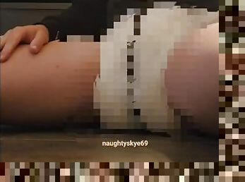 Diaper chastity slut in chastity belt under locked on diapers