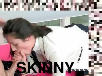 Skinny schoolgirl blows him in her uniform