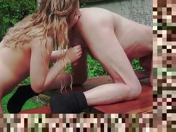 Old butler serving outdoor fucking for sweet teen pussy cat