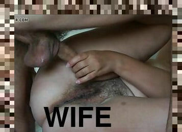 Fuck wife's hairy cunt and cum in it