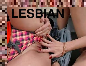 Clothed sapphic sluts stimulating and licking each others cunt