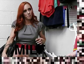 Redhead MILF sucks after being caught stealing