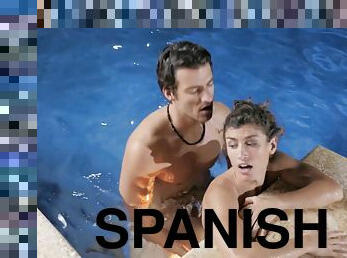 فاتنة, زوجين, صديقة, أوروبية, يورو, حمام-سباحة, إسبانية