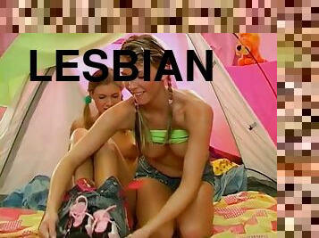 Two horny lesbians play dirty games in their tent