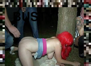 busty redhead slut gangbanged with creampie cumshots - outdoor sex