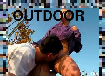 Outdoors sex in autum with a blonde teen
