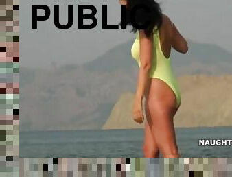 offentlig, strand, bikini