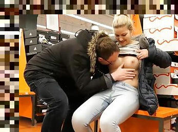 German blonde in black down jacket squirting in jeans