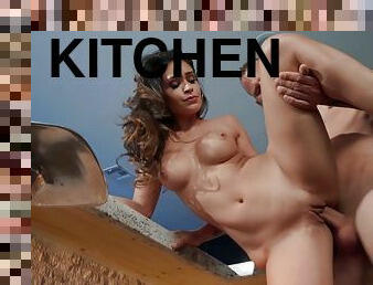 Hot babe Katana Kombat pleasuring her lover in the kitchen