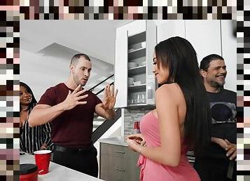 Hot latina bombshell in tight dress Victoria June seduces guy on the party