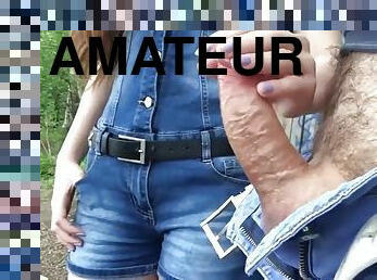 Denim girl tugs cumshot