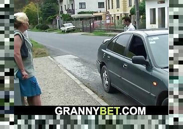 Hitchhiking old granny and boy fucking outside