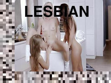 lésbicas, adolescente, estrela-porno, a-três, cozinha, excitante, loira