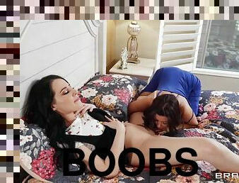 A mom with huge hooters and her step daugher are fucked in a 3way