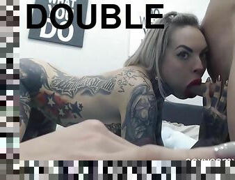 Double penetration for tattooed bimbo in hard sex foursome