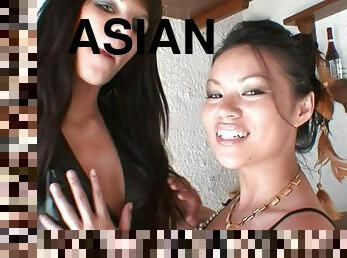 asian girl showing american babe how to suck big penis - 3Some
