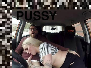 Inked slut Louise Lee sucks stiff shaft for driving license