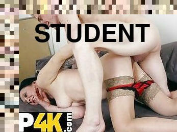 TUTOR4K. Student seduces and fucks much older art teacher in nylon stockings