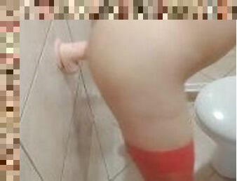 Sissy in red lingerie fuck dildo