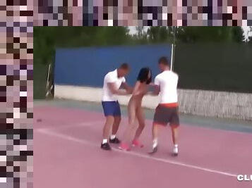 Cutie fucked by two tennis players