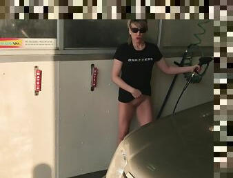 Milf Washing Car With No Panties Heels Busy Outdoor Carwash