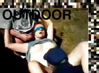 Outdoor blindfolded threesome